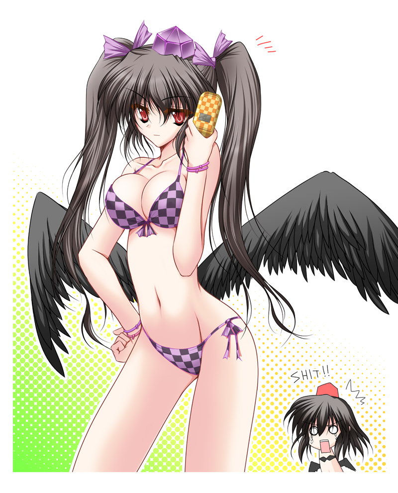 danshaku, himekaidou hatate, shameimaru aya, touhou, 2girls, bikini, black hair, black wings, breast envy, breasts, cellphone, checkered bikini, checkered clothes, english text, female focus, hand on own hip, hat, hip focus, long hair, low wings, multiple girls, phone, profanity, red eyes, swimsuit, tokin hat, twintails, wings