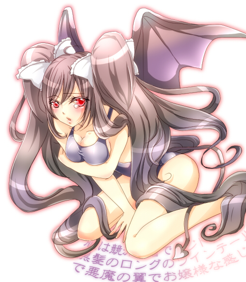 rirumu, bad id, bad pixiv id, bat wings, black hair, competition swimsuit, demon girl, long hair, one-piece swimsuit, red eyes, swimsuit, tears, text focus, twintails, wings