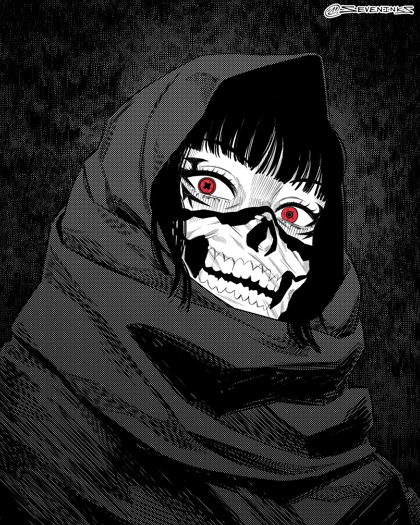 seveninks, original, commentary, highres, 1other, ambiguous gender, exposed bone, greyscale, hatching (texture), hood, instagram username, mismatched pupils, monochrome, other focus, portrait, red eyes, solo, spot color, symbol-shaped pupils, x-shaped pupils