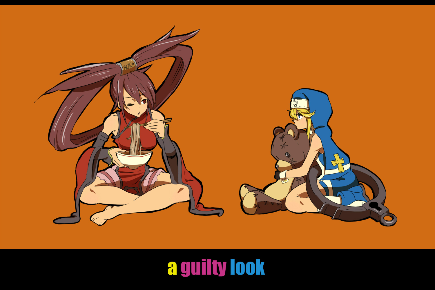 todoroki suyoshi, bridget (guilty gear), kuradoberi jam, roger (guilty gear), arc system works, guilty gear, guilty gear xx, bad id, bad pixiv id, 1boy, 1girl, bare shoulders, barefoot, blonde hair, blue eyes, breasts, brown hair, chinese clothes, chopsticks, detached sleeves, eating, food, hat, kneeling, large breasts, long hair, noodles, nun, nun headdress, one eye closed, red eyes, simple background, sitting, stuffed animal, stuffed toy, teddy bear, text focus, trap, very long hair, wink