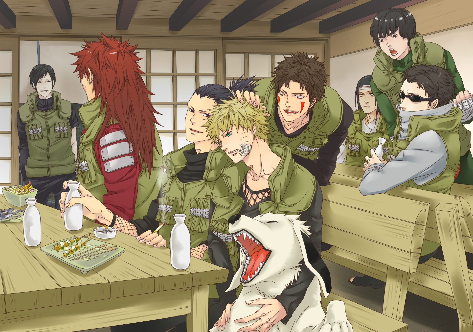 dengye, aburame shino, akamaru (naruto), akimichi chouji, hyuuga neji, inuzuka kiba, nara shikamaru, rock lee, sai (naruto), uzumaki naruto, naruto (series), naruto shippuuden, bad id, bad pixiv id, highres, 6+boys, alcohol, ashtray, black hair, blonde hair, brown eyes, brown hair, cheek swirl, closed eyes, dog, earrings, everyone, facial mark, flak jacket, food, green eyes, jacket, jewelry, long hair, male focus, multiple boys, pale skin, ponytail, red hair, sake, short hair, smile, sunglasses, whisker markings