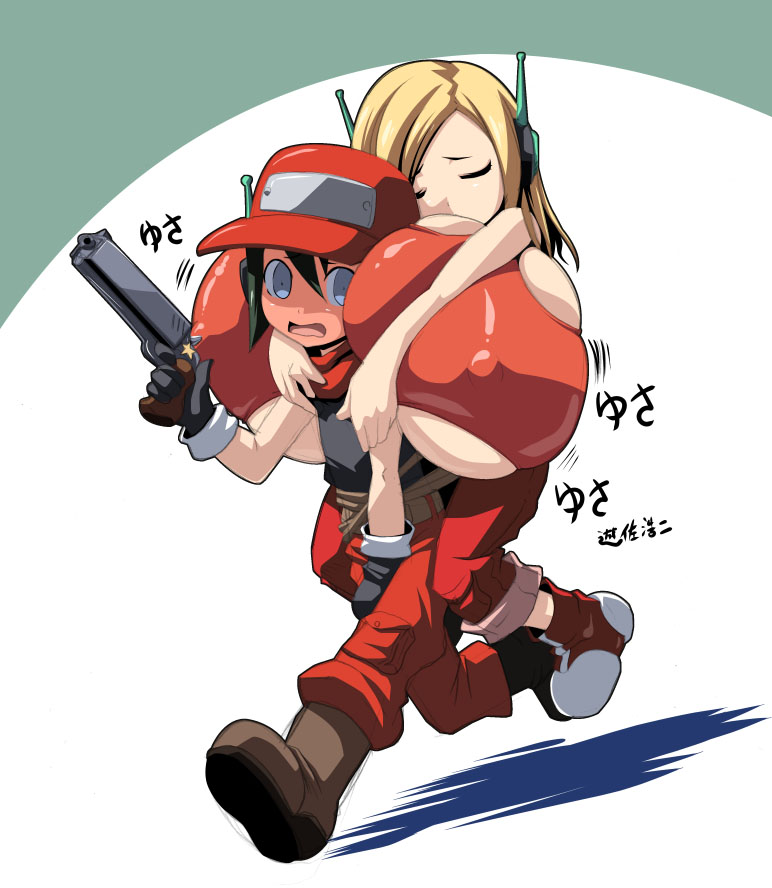 kloah, curly brace, quote (cave story), doukutsu monogatari, 1boy, 1girl, alternate breast size (larger), android, baseball cap, blonde hair, blue eyes, blush, breasts, carrying, closed eyes, covered erect nipples, embarrassed, full-face blush, gigantic breasts, gun, hat, huge breasts, inconvenient breasts, long hair, looking at viewer, no bra, open mouth, pants, pants rolled up, piggyback, robot ears, scarf, shoes, short hair, simple background, sleeping, sneakers, tank top, underboob, weapon