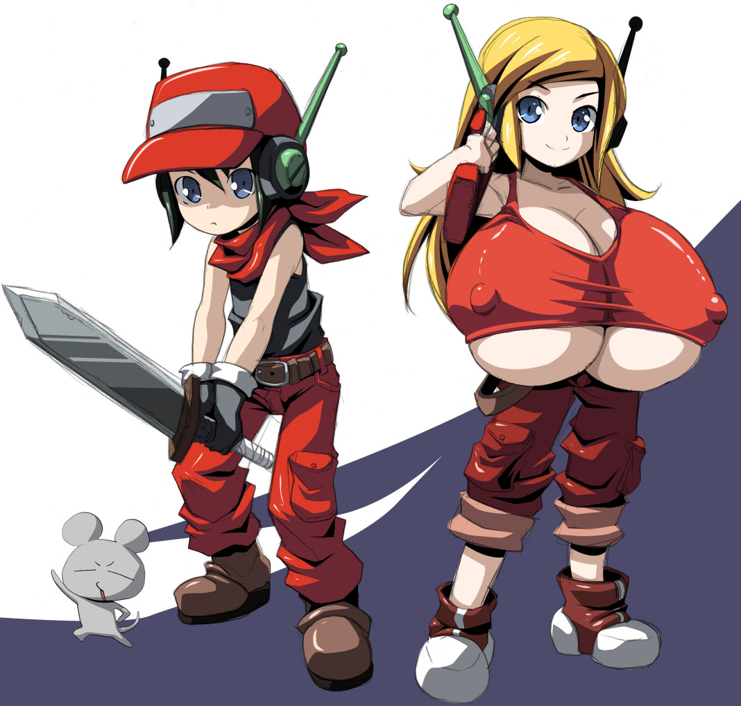 kloah, curly brace, quote (cave story), doukutsu monogatari, alternate breast size, 1boy, 1girl, android, baseball cap, blonde hair, blue eyes, breasts, covered erect nipples, gigantic breasts, gloves, gun, hat, long hair, mouse (animal), pants, pants rolled up, robot ears, scarf, shoes, smile, sneakers, sword, tank top, underboob, weapon
