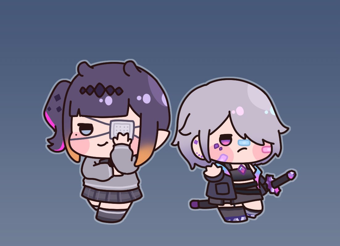 lienliensn, koseki bijou, koseki bijou (casual), ninomae ina'nis, ninomae ina'nis (school uniform), hololive, hololive english, hashtag-only commentary, 2girls, bandaid, chest jewel, chibi, chibi only, chuunibyou, eyepatch, gem, hair over one eye, medical eyepatch, mole, mole under eye, multiple girls, official alternate costume, pleated skirt, pointy ears, purple hair, short hair, side ponytail, simple background, skirt, sword, tomato (sword), weapon