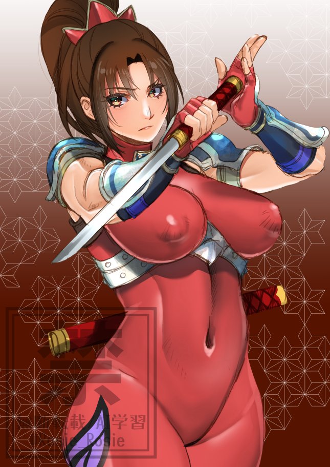 rosie rosie, taki (soulcalibur), soul calibur, commentary request, 1girl, bodysuit, breasts, brown background, brown eyes, brown hair, covered erect nipples, cowboy shot, eyelashes, fingerless gloves, gloves, gradient background, high ponytail, holding, holding knife, knife, large breasts, long hair, ninja, ponytail, red bodysuit, red gloves, short sword, shoulder pads, solo, sword, tantou, weapon