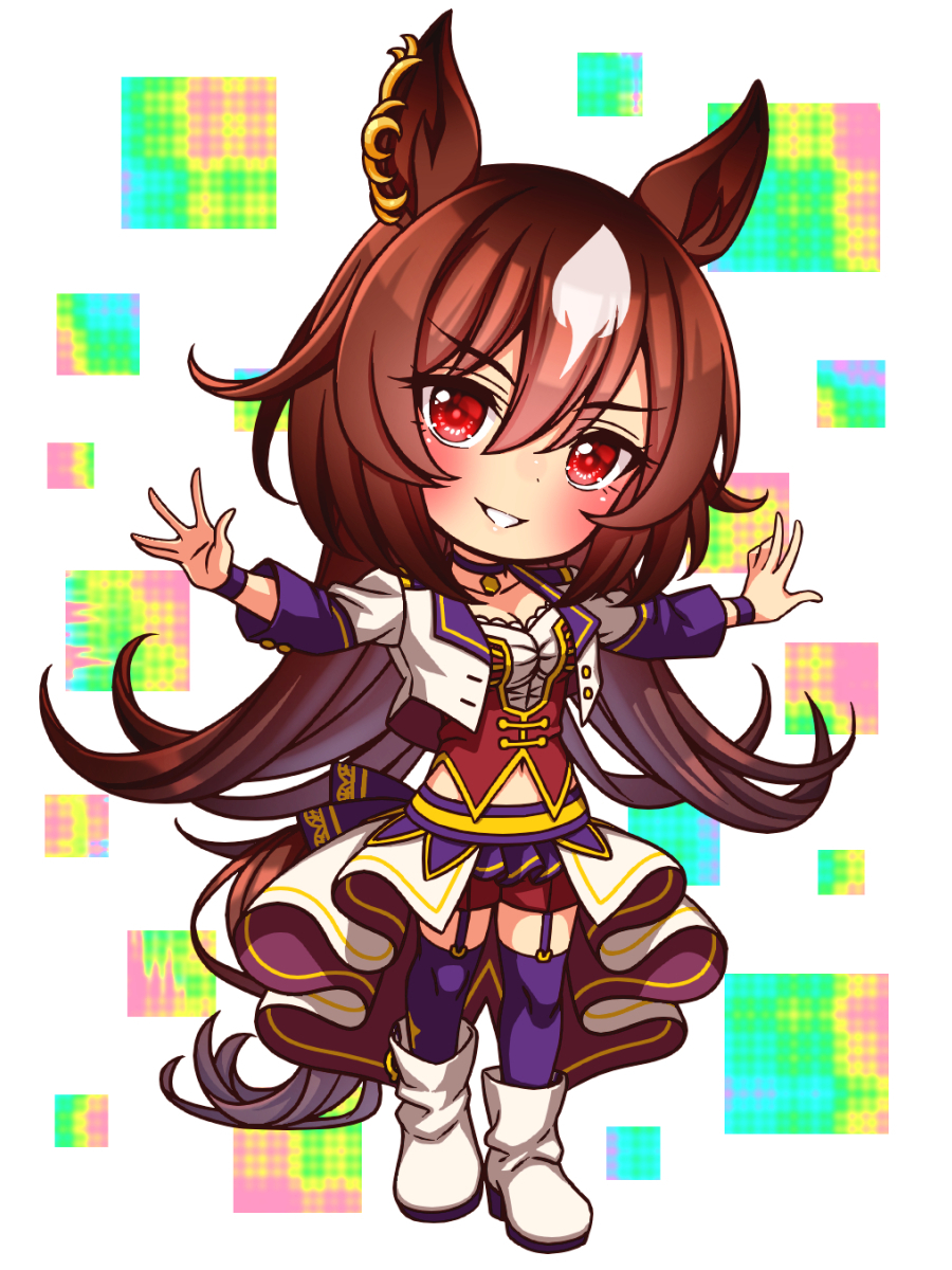 sugimotty nova, sirius symboli (umamusume), umamusume, commentary request, highres, 1girl, animal ears, blush, bodice, boots, breasts, brown hair, chibi, chibi only, choker, cleavage, collarbone, corset, cropped jacket, ear ornament, full body, garter straps, hair between eyes, horse ears, horse girl, horse tail, jacket, large breasts, long hair, long sleeves, looking at viewer, midriff peek, multicolored hair, navel, open mouth, outstretched arms, overskirt, pendant choker, purple choker, purple garter straps, purple thighhighs, red corset, red eyes, red shorts, shirt, shorts, smile, solo, spread arms, star (symbol), starting future (umamusume), streaked hair, tail, thighhighs, very long hair, white boots, white hair, white jacket, white shirt, wristband