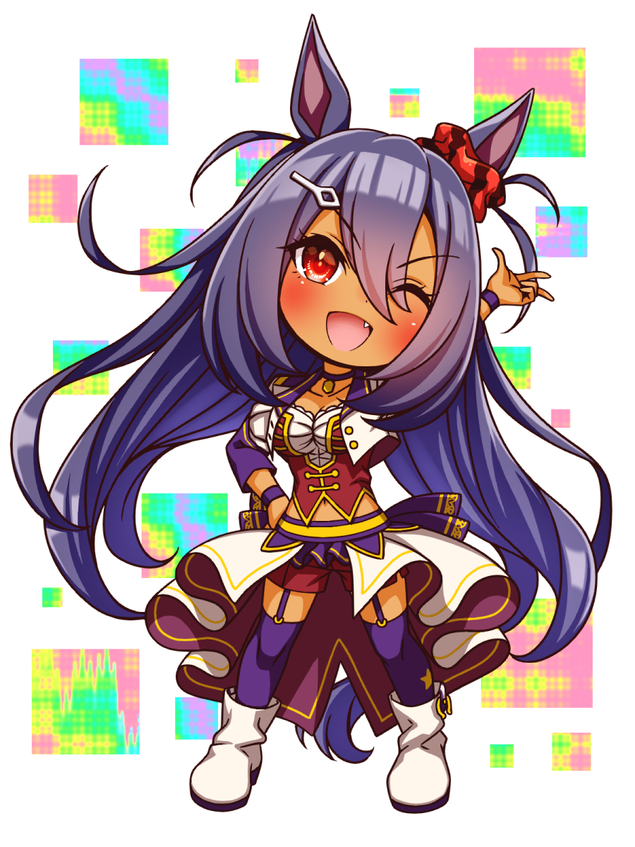 sugimotty nova, hishi amazon (umamusume), umamusume, commentary request, highres, 1girl, animal ears, arms up, black hair, blush, bodice, boots, breasts, chibi, chibi only, choker, cleavage, collarbone, corset, cropped jacket, dark-skinned female, dark skin, ear scrunchie, fang, full body, garter straps, hair between eyes, hair ornament, hairclip, hand on own hip, horse ears, horse girl, horse tail, jacket, large breasts, long hair, long sleeves, looking at viewer, midriff peek, navel, one eye closed, open mouth, overskirt, pendant choker, purple choker, purple garter straps, purple thighhighs, red corset, red eyes, red shorts, scrunchie, shirt, shorts, smile, solo, star (symbol), starting future (umamusume), striped clothes, striped scrunchie, tail, thighhighs, very long hair, w, white boots, white jacket, white shirt, wristband