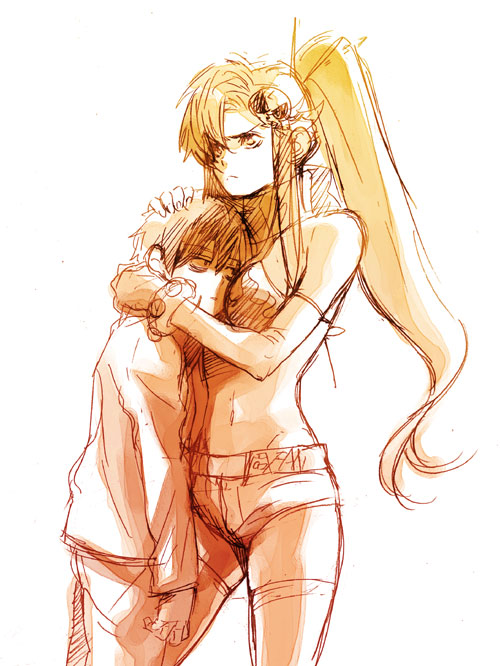 simon (ttgl), yoko littner, tengen toppa gurren lagann, tagme, 00s, breasts, hug, monochrome