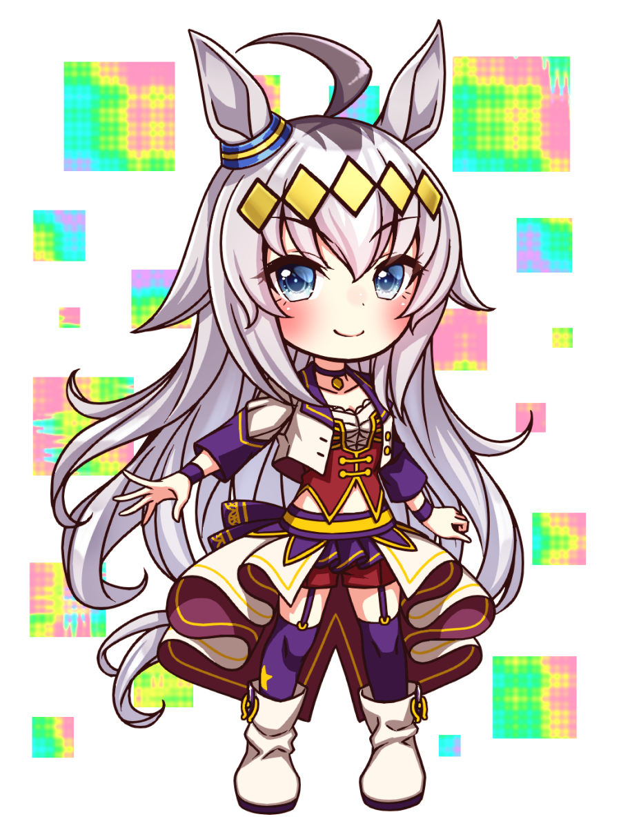 sugimotty nova, oguri cap (umamusume), umamusume, commentary request, highres, 1girl, ahoge, animal ears, blue eyes, blush, bodice, boots, breasts, chibi, chibi only, choker, closed mouth, collarbone, corset, cropped jacket, ear ornament, full body, garter straps, grey hair, grey tail, hair between eyes, hair ornament, hairband, horse ears, horse girl, horse tail, jacket, long hair, long sleeves, looking at viewer, midriff peek, multicolored hair, navel, overskirt, pendant choker, purple choker, purple garter straps, purple thighhighs, red corset, red shorts, shirt, shorts, smile, solo, star (symbol), starting future (umamusume), tail, thighhighs, white boots, white jacket, white shirt, wristband