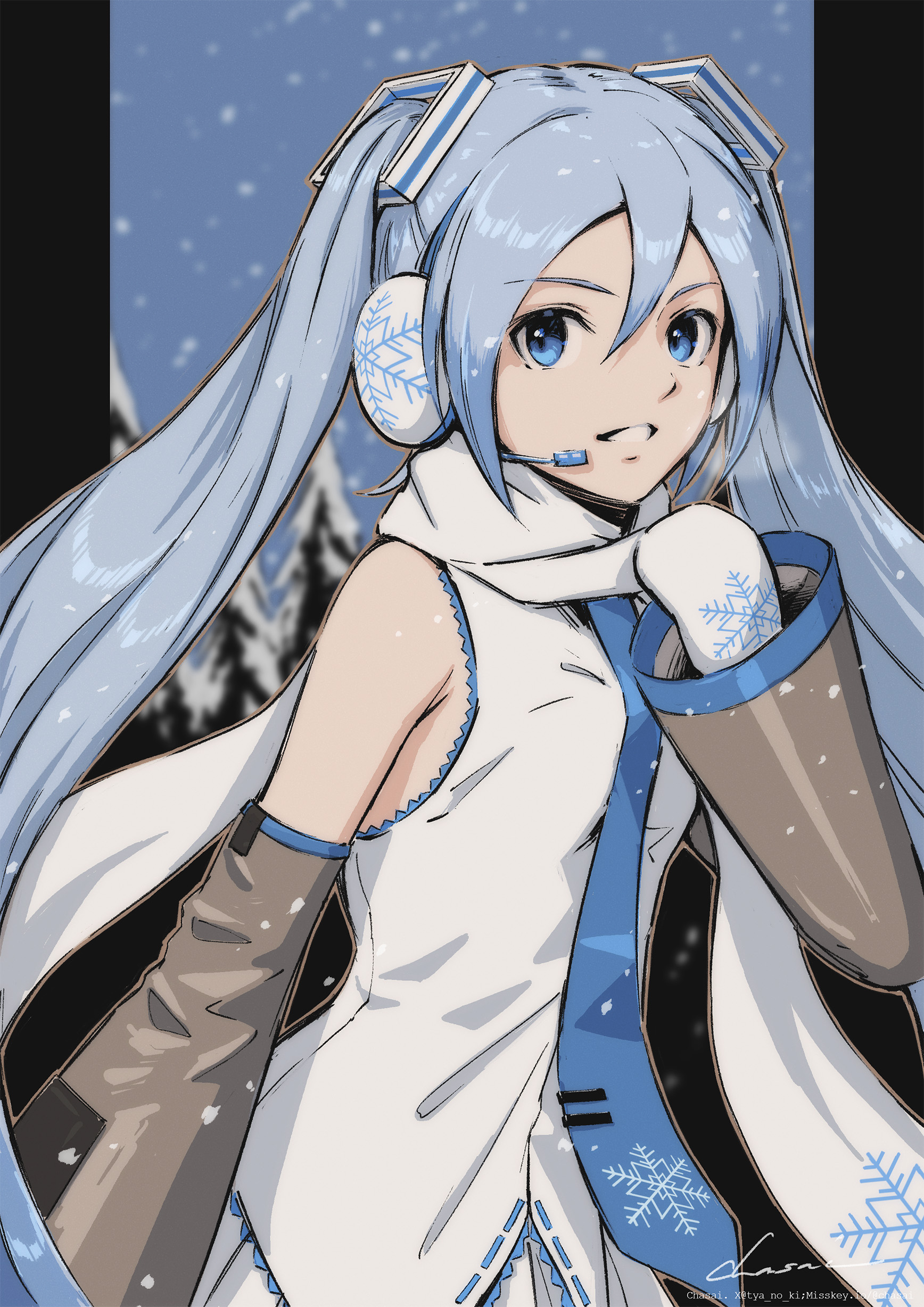 tyanoki, hatsune miku, yuki miku, yuki miku (2011), vocaloid, absurdres, highres, 1girl, black sleeves, blue eyes, blue hair, blue necktie, detached sleeves, earmuffs, headphones, light smile, looking at viewer, mittens, necktie, parted lips, scarf, shirt, sleeveless, sleeveless shirt, snowflake print, snowing, solo, upper body, white mittens, white scarf, white shirt