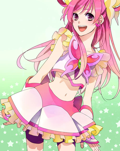 nagi kanami, cure dream, yumehara nozomi, precure, yes! precure 5, bad id, bad pixiv id, 00s, 1girl, female focus, flapper shirt, green background, hair rings, magical girl, midriff, navel, pink eyes, pink hair, pink theme, purple shorts, shirt, shorts, shorts under skirt, skirt, solo, star (symbol), star symbol background