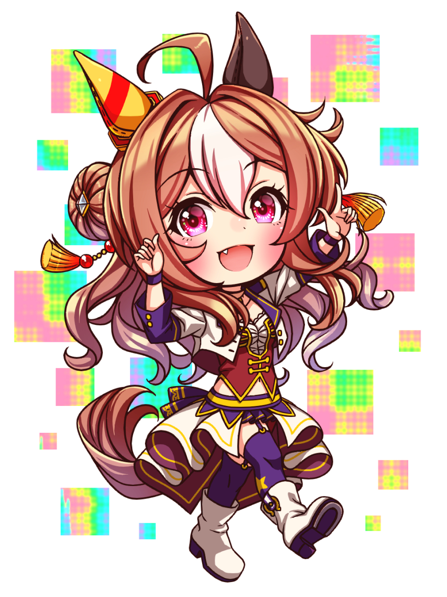 sugimotty nova, copano rickey (umamusume), umamusume, commentary request, highres, 1girl, ahoge, animal ears, blush, bodice, boots, breasts, brown hair, chibi, chibi only, choker, collarbone, corset, cropped jacket, double bun, ear covers, fang, full body, garter straps, hair between eyes, hair bun, horse ears, horse girl, horse tail, jacket, long hair, long sleeves, looking at viewer, medium breasts, midriff peek, mismatched ear covers, multicolored hair, navel, open mouth, overskirt, pendant choker, purple choker, purple eyes, purple garter straps, purple thighhighs, red corset, red shorts, shirt, shorts, smile, solo, star (symbol), starting future (umamusume), tail, thighhighs, white boots, white hair, white jacket, white shirt, wristband