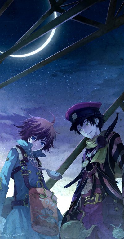 crow (fragile), seto (fragile), fragile, fragile: sayonara tsuki no haikyo, 2boys, bag, black hair, blue eyes, hat, moon, multiple boys, night, red hair, short hair, teapot