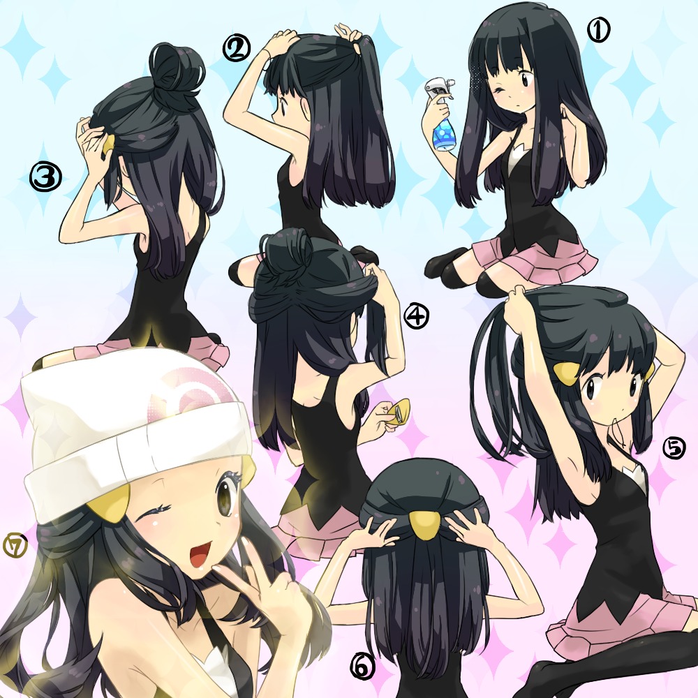 suzumiyu, dawn (pokemon), nintendo, pokemon, 1girl, adjusting hair, armpits, beanie, black hair, black socks, black thighhighs, bottle, breasts, demonstration, hair ornament, hairdressing, hat, hime cut, how to, kneehighs, long hair, mouth hold, multiple views, one eye closed, reference sheet, sequential, sideboob, sitting, smile, socks, spray bottle, thighhighs, v, wink, yokozuwari