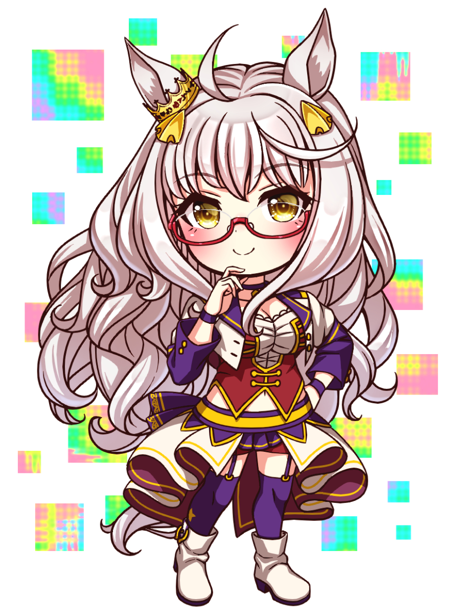 sugimotty nova, biwa hayahide (umamusume), umamusume, commentary request, highres, 1girl, ahoge, animal ears, blush, bodice, boots, breasts, chibi, chibi only, choker, cleavage, closed mouth, collarbone, corset, cropped jacket, full body, garter straps, glasses, grey hair, hair between eyes, horse ears, horse girl, horse tail, jacket, large breasts, long hair, long sleeves, looking at viewer, midriff peek, navel, overskirt, pendant choker, purple choker, purple garter straps, purple thighhighs, red-framed eyewear, red corset, red shorts, semi-rimless eyewear, shirt, shorts, smile, solo, star (symbol), starting future (umamusume), tail, thighhighs, under-rim eyewear, white boots, white jacket, white shirt, wristband, yellow eyes