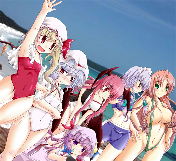 sesield, flandre scarlet, hong meiling, izayoi sakuya, koakuma, patchouli knowledge, remilia scarlet, embodiment of scarlet devil, touhou, 6+girls, beach, bikini, bikini shorts, blush, breast envy, breasts, cameltoe, cleavage, dutch angle, fang, female focus, flat chest, hand up, large breasts, looking at breasts, multiple girls, ocean, one-piece swimsuit, shorts, slingshot swimsuit, sports bikini, swimsuit