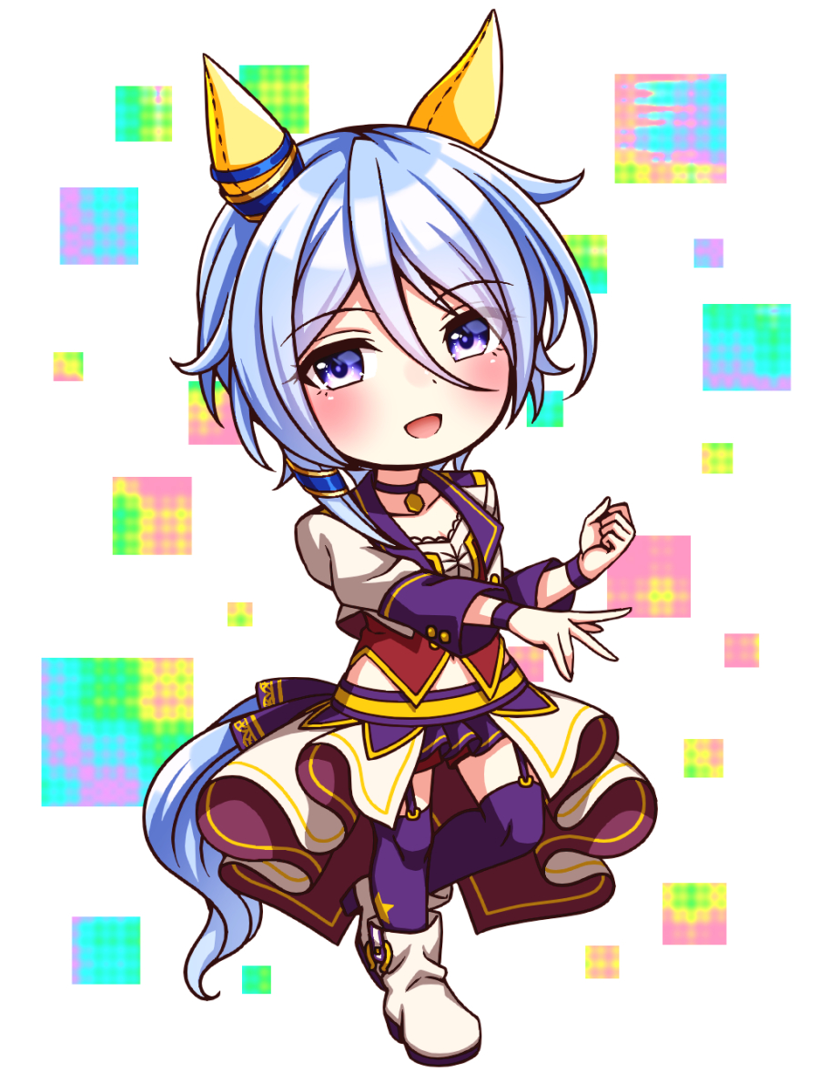 sugimotty nova, k.s.miracle (umamusume), umamusume, commentary request, highres, 1girl, animal ears, blue eyes, blue hair, blush, bodice, boots, breasts, chibi, chibi only, choker, collarbone, corset, cropped jacket, ear covers, full body, garter straps, hair between eyes, horse ears, horse girl, horse tail, jacket, long sleeves, looking at viewer, midriff peek, navel, open mouth, overskirt, pendant choker, purple choker, purple garter straps, purple thighhighs, red corset, red shorts, shirt, short hair, shorts, small breasts, smile, solo, star (symbol), starting future (umamusume), tail, thighhighs, white boots, white jacket, white shirt, wristband