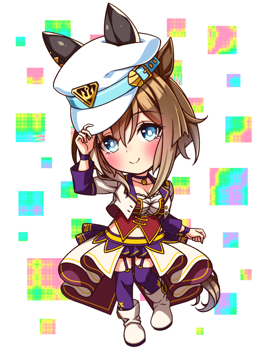 sugimotty nova, cheval grand (umamusume), umamusume, commentary request, highres, 1girl, animal ears, blue eyes, blush, bodice, boots, breasts, brown hair, chibi, chibi only, choker, cleavage, closed mouth, collarbone, corset, cropped jacket, ear covers, ears through headwear, full body, garter straps, hair between eyes, hat, hat belt, horse ears, horse girl, horse tail, jacket, large breasts, long hair, long sleeves, looking at viewer, midriff peek, multicolored hair, navel, overskirt, pendant choker, purple choker, purple garter straps, purple thighhighs, red corset, red shorts, shirt, shorts, smile, solo, star (symbol), starting future (umamusume), streaked hair, tail, thighhighs, white boots, white hair, white hat, white jacket, white shirt, wristband
