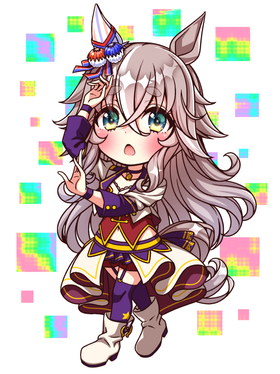 sugimotty nova, wonder acute (umamusume), umamusume, commentary request, highres, 1girl, animal ears, blush, bodice, boots, breasts, chibi, chibi only, choker, corset, cropped jacket, ear covers, full body, garter straps, grey hair, hair between eyes, horse ears, horse girl, horse tail, jacket, long hair, long sleeves, looking at viewer, midriff peek, multicolored hair, navel, open mouth, overskirt, pendant choker, purple choker, purple garter straps, purple thighhighs, red corset, red shorts, shirt, shorts, single ear cover, solo, star (symbol), starting future (umamusume), streaked hair, tail, thighhighs, white boots, white jacket, white shirt, wristband