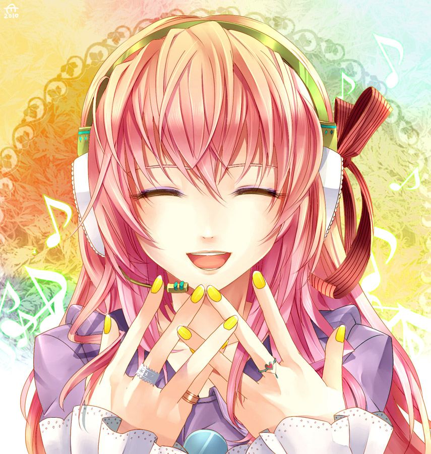 tomone, megurine luka, vocaloid, 1girl, bow, female focus, headphones, headset, jewelry, long hair, nail polish, pink hair, portrait, ring, smile, solo, yellow nails