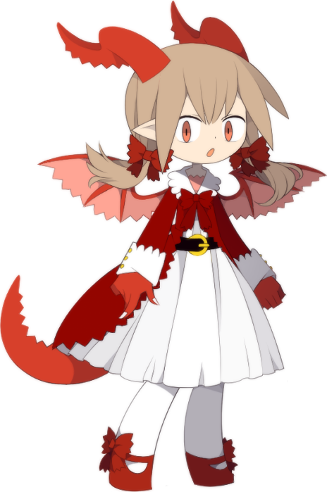 poemi (funamusea), funamusea, official art, 1girl, belt, blonde hair, colored extremities, demon girl, dress, funamusea (style), hair ornament, hair ribbon, horns, looking at viewer, pantyhose, pink eyes, pointy ears, red hands, red horns, red ribbon, red shoes, red tail, red wings, ribbon, shoes, tail, twintails, white background, white nails, white pantyhose, wings