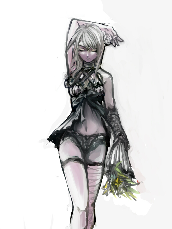 coko, kaine (nier), nier, nier (series), 1girl, bandages, bouquet, closed eyes, female focus, flower, frilled thigh strap, lingerie, midriff, navel, negligee, panties, solo, thigh strap, underwear, white hair
