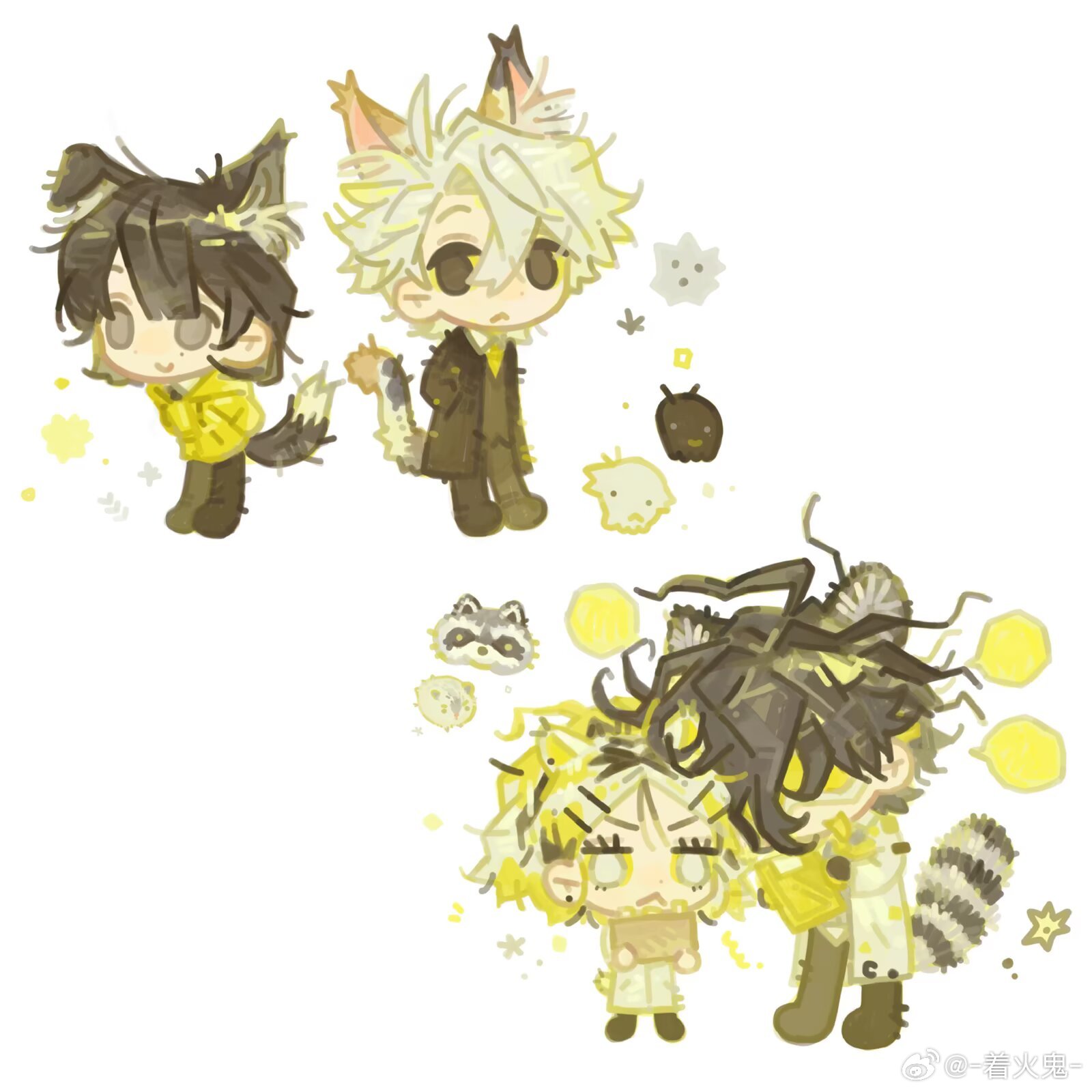 original, commentary, highres, symbol-only commentary, animal ears, black hair, cat ears, chibi, chibi only, long sleeves, pants, raccoon, raccoon ears, weibo 6348912905, white background, white hair