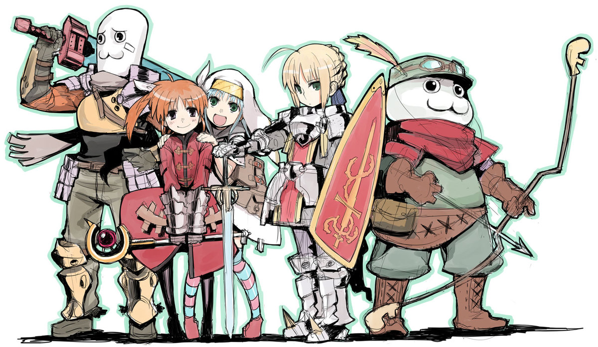 yu 65026, alchemist (sekaiju), artoria pendragon (fate), index (toaru majutsu no index), medic (sekaiju), paladin (sekaiju), saber (fate), takamachi nanoha, yaranaio, yaruo, 2channel, atlus, etrian odyssey, fate/stay night, fate (series), lyrical nanoha, mahou shoujo lyrical nanoha, toaru majutsu no index, striped legwear, 2boys, 3girls, ahoge, alternate costume, armor, armored dress, arrow (projectile), bow (weapon), crossover, dress, multiple boys, multiple girls, pantyhose, parody, shield, striped clothes, striped pantyhose, sword, thighhighs, weapon