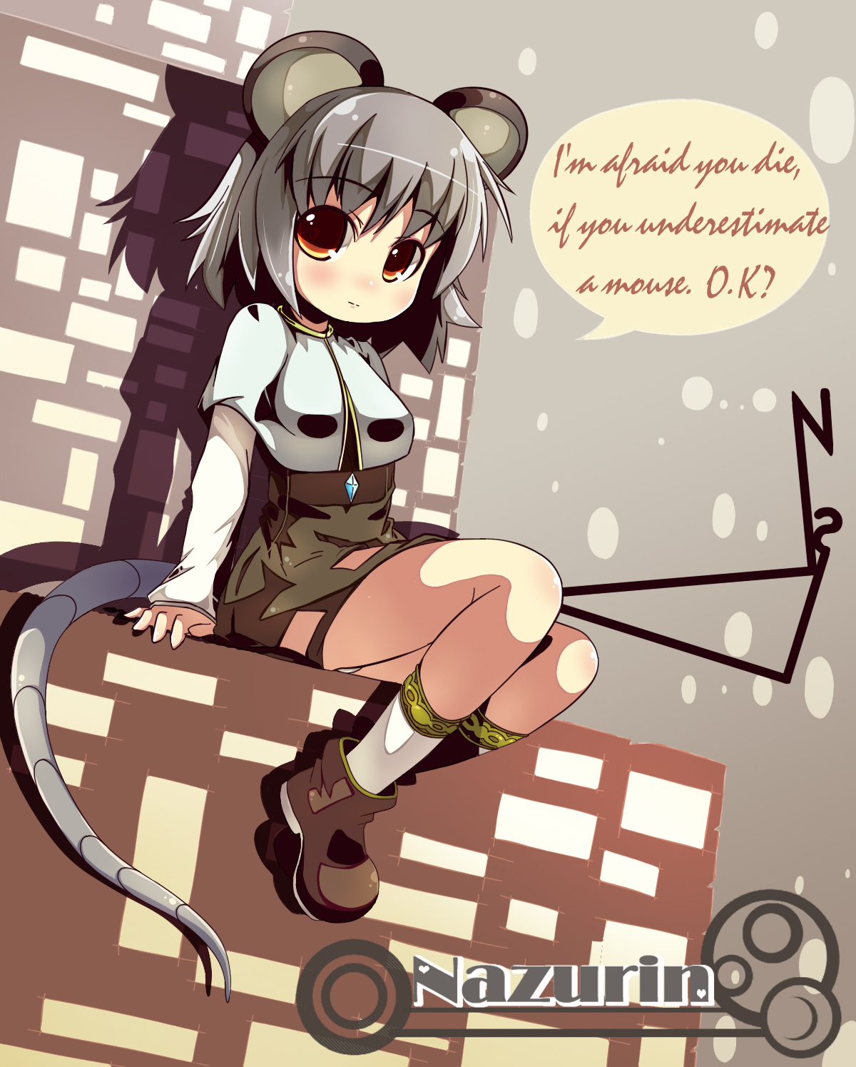 hebereke black, nazrin, touhou, highres, 1girl, animal ears, dowsing rod, drowsing rods, english text, engrish text, female focus, full body, grey hair, jewelry, mouse ears, mouse tail, orange eyes, pendant, ranguage, shoes, short hair, sitting, solo, tail