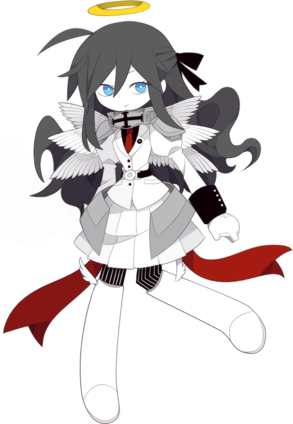 funamusea, official art, 1girl, ahoge, angel, angel wings, blue eyes, boots, colored skin, eyelashes, feathered wings, funamusea (style), grey hair, hair ornament, hair ribbon, halo, jacket, long hair, multiple wings, pantyhose, ribbon, shoes, socks, sol (funamusea), striped clothes, striped pantyhose, striped socks, vertical-striped clothes, vertical-striped pantyhose, vertical-striped socks, white background, white boots, white jacket, winged shoes, wings