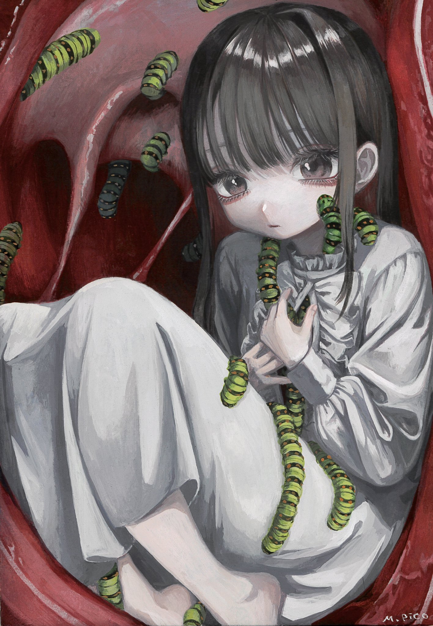 monou pico, original, commentary request, highres, 1girl, aegyo sal, brown eyes, brown hair, caterpillar, dress, expressionless, eyelashes, gown, long hair, looking at viewer, solo, twitter username, white dress