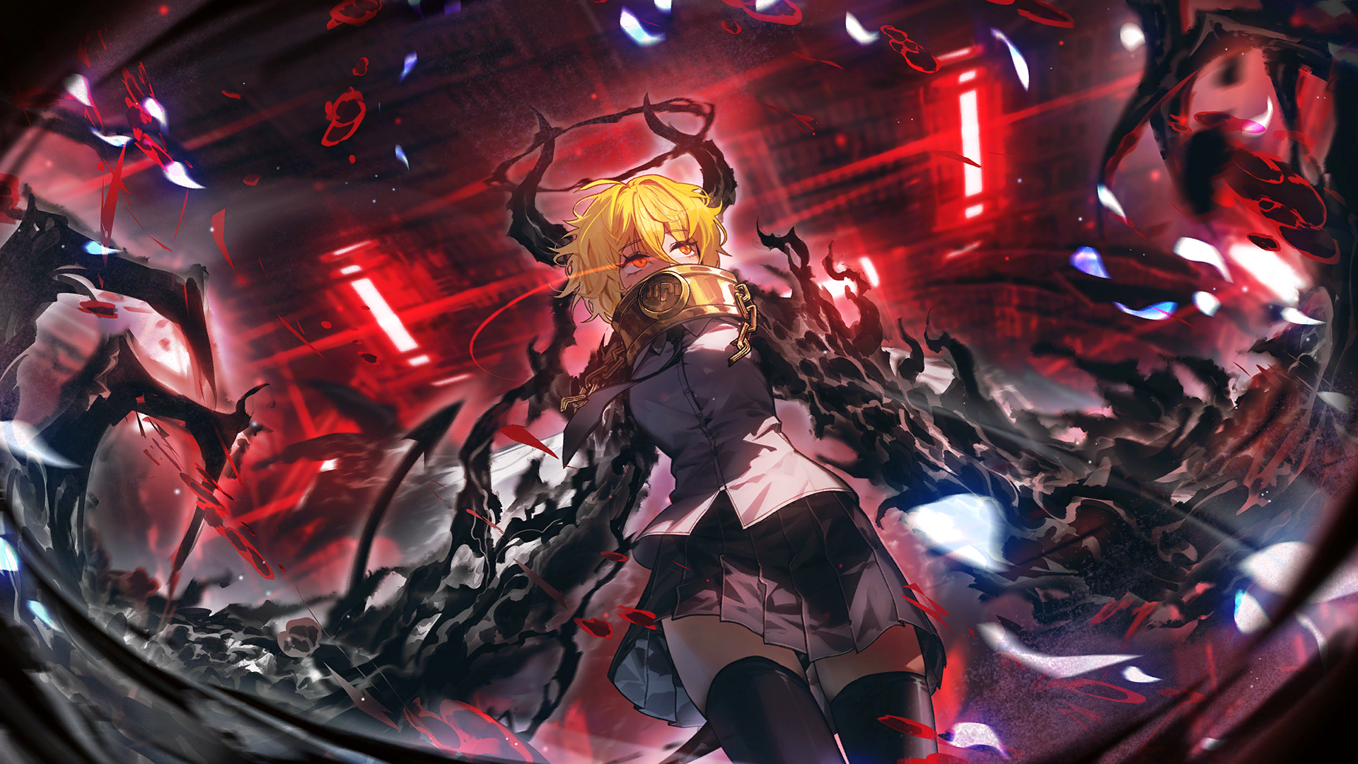 nai ga, don quixote (project moon), limbus company, project moon, game cg, highres, official art, 1girl, black necktie, black skirt, black thighhighs, blonde hair, broken, broken chain, chain, claws, cloak, e.g.o (project moon), halo, horns, index (identity) (project moon), necktie, procuration (e.g.o), shirt, skirt, smoke, solo, thighhighs, white cloak, white shirt, yellow eyes