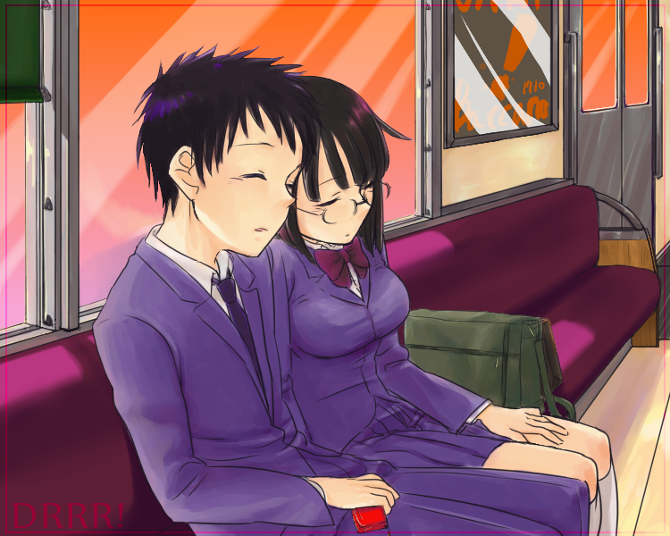 asahi (pixiv95175), ryuugamine mikado, sonohara anri, durarara!!, 1boy, 1girl, bag, black hair, bob cut, breasts, cellphone, couple, glasses, hetero, large breasts, phone, pleated skirt, school uniform, short hair, skirt, sleeping, sleeping upright, train, train interior