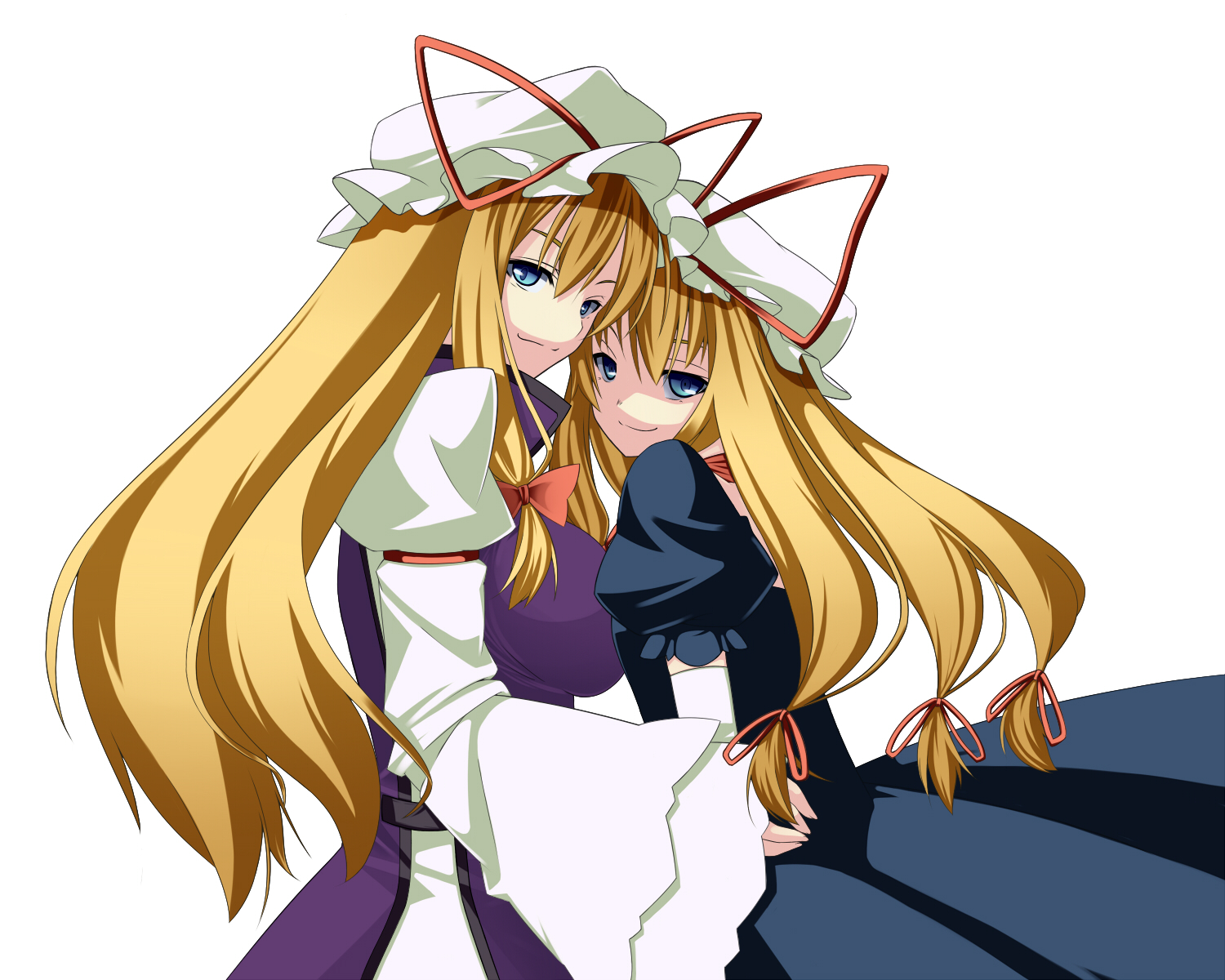 akutsu, yakumo yukari, touhou, bad id, bad pixiv id, highres, 2girls, blonde hair, blue eyes, breasts, dress, dual persona, female focus, hat, hug, large breasts, long hair, multiple girls, smile, time paradox