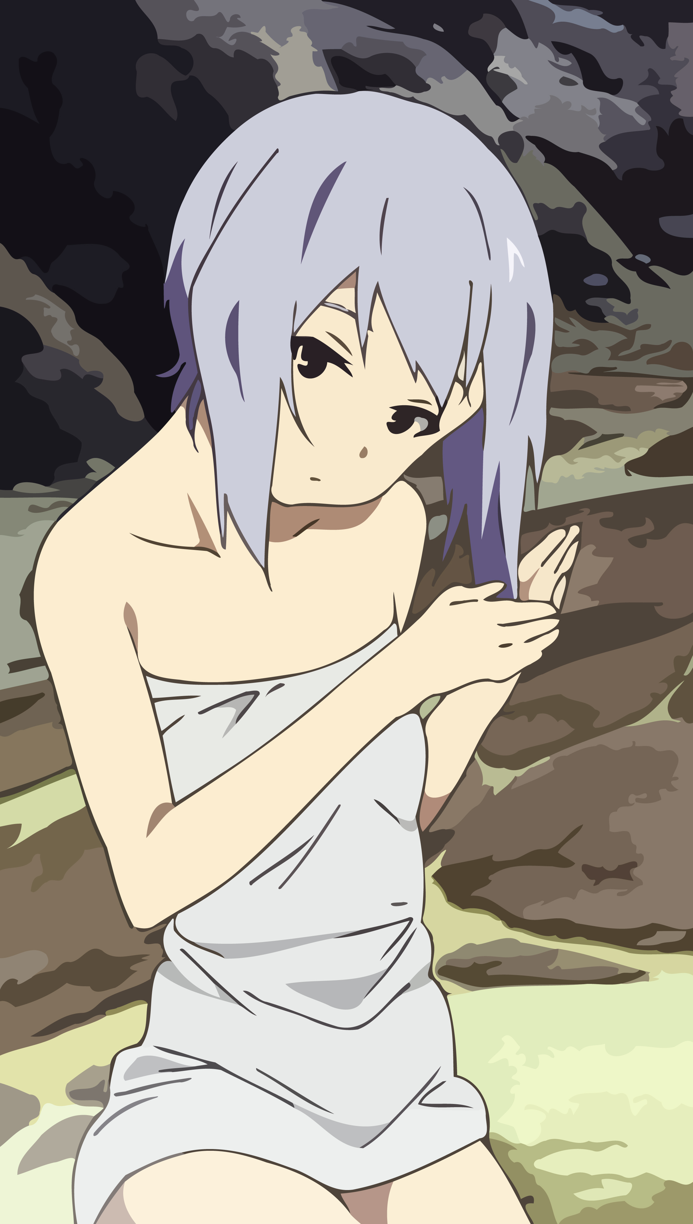 kannagi noel, sora no woto, absurdres, highres, grey hair, towel