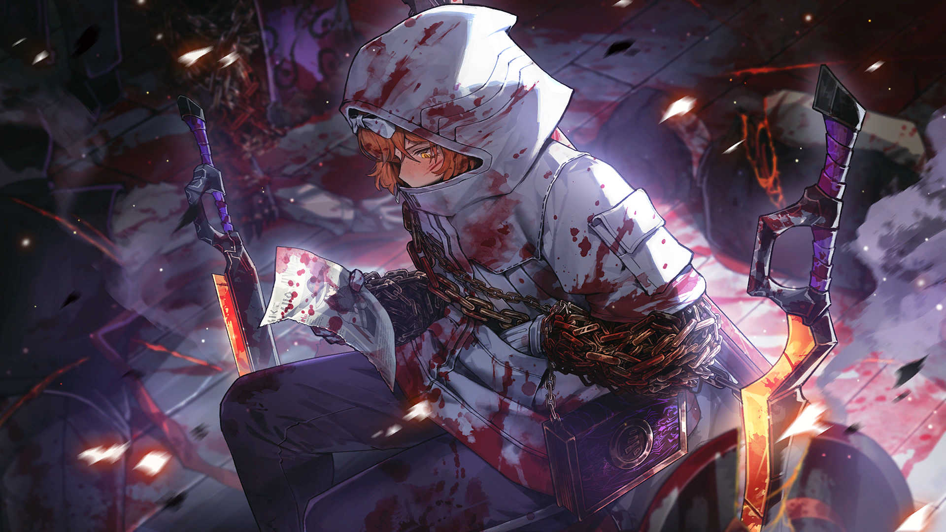 nai ga, ishmael (project moon), limbus company, project moon, game cg, highres, official art, 2girls, 3others, bear paws, black pants, blood, blood on clothes, blood on face, bloody weapon, book, chain, corpse, gloves, hood, hoodie, middle (identity) (project moon), multiple girls, multiple others, orange hair, pants, solo focus, sword, weapon, white gloves, white hoodie