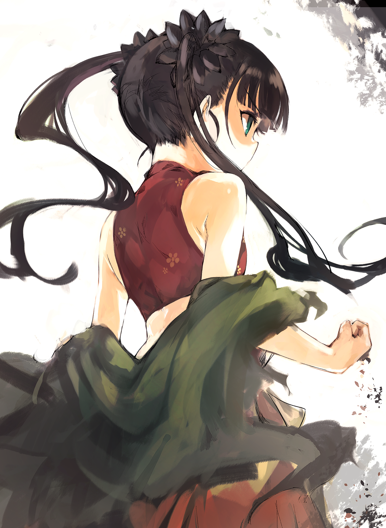 tsutsugano, monk (sekaiju), monk 2 (sekaiju), etrian odyssey, sekaiju no meikyuu, sekaiju no meikyuu 3, commentary request, highres, 1girl, bare shoulders, black hair, blue eyes, from behind, long hair, pants, puffy pants, sleeveless, solo, twintails