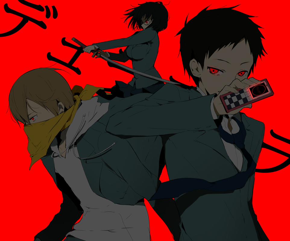 kl (dgzonbi), kida masaomi, ryuugamine mikado, sonohara anri, durarara!!, 1girl, 2boys, black hair, bob cut, breasts, cellphone, glasses, glowing, glowing eyes, large breasts, multiple boys, phone, pleated skirt, red eyes, scarf, school uniform, short hair, skirt, sword, weapon