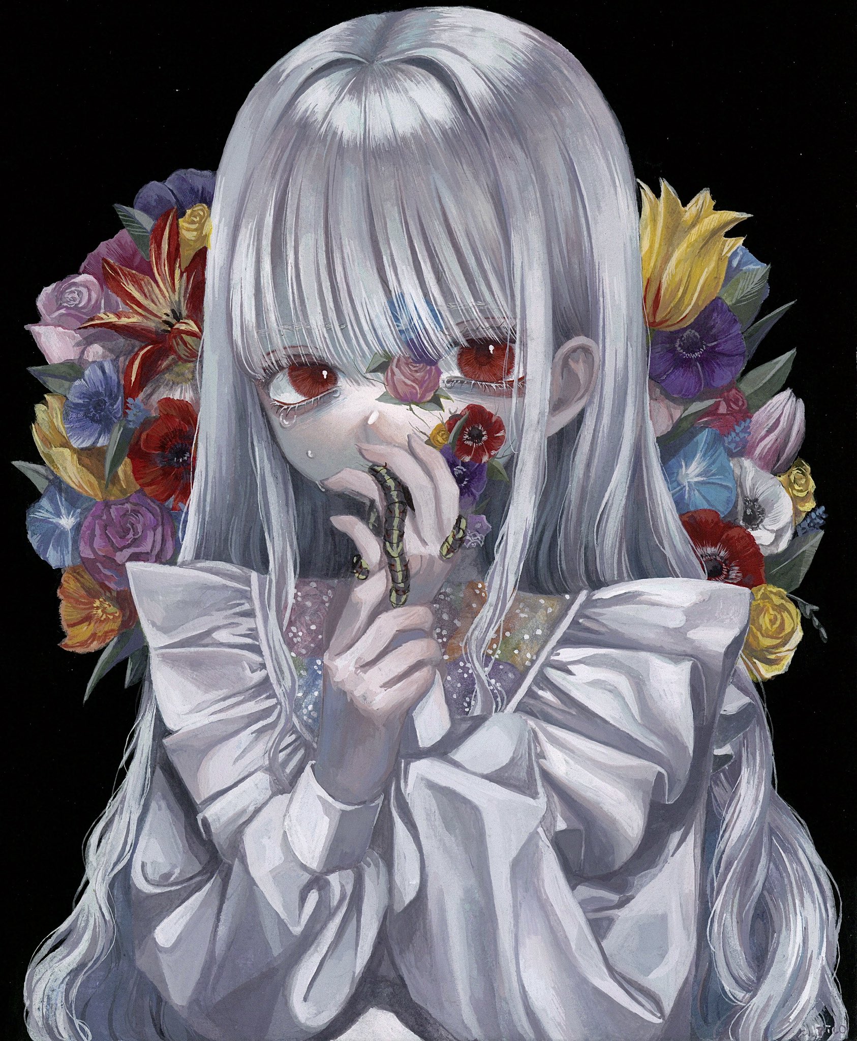 monou pico, original, commentary request, flower request, highres, 1girl, anemone (flower), black background, bug, caterpillar, crying, crying with eyes open, eyelashes, flower, frills, holding, holding flower, long hair, long sleeves, looking at viewer, red eyes, simple background, solo, tears, upper body, white hair