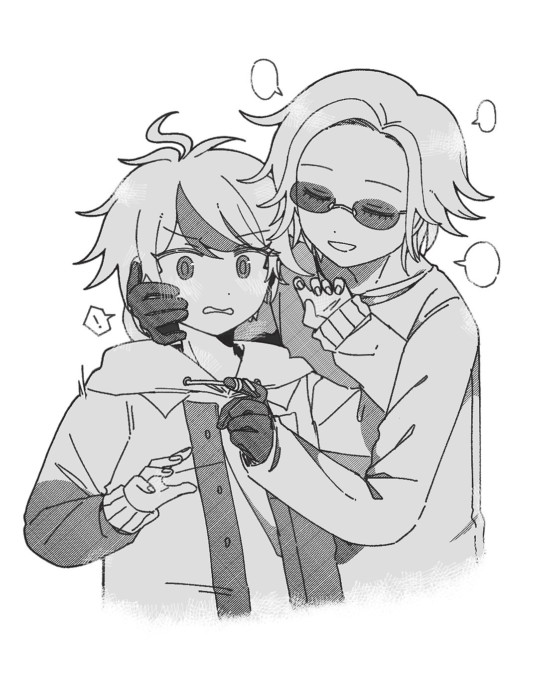 aotsuki eito, sumino takumi, the hundred line -last defense academy-, commentary, english commentary, highres, !, 2boys, ahoge, blank speech bubble, blush, closed eyes, cropped torso, drawstring, gloves, greyscale, hand on another's face, hands up, hatching (texture), jacket, jacket over hoodie, linear hatching, male focus, monochrome, multicolored hair, multiple boys, no jacket, open clothes, open jacket, shirt, short hair, smile, speech bubble, spoken exclamation mark, streaked hair, string around finger, sunglasses, takkoogi, two-tone hair, yaoi