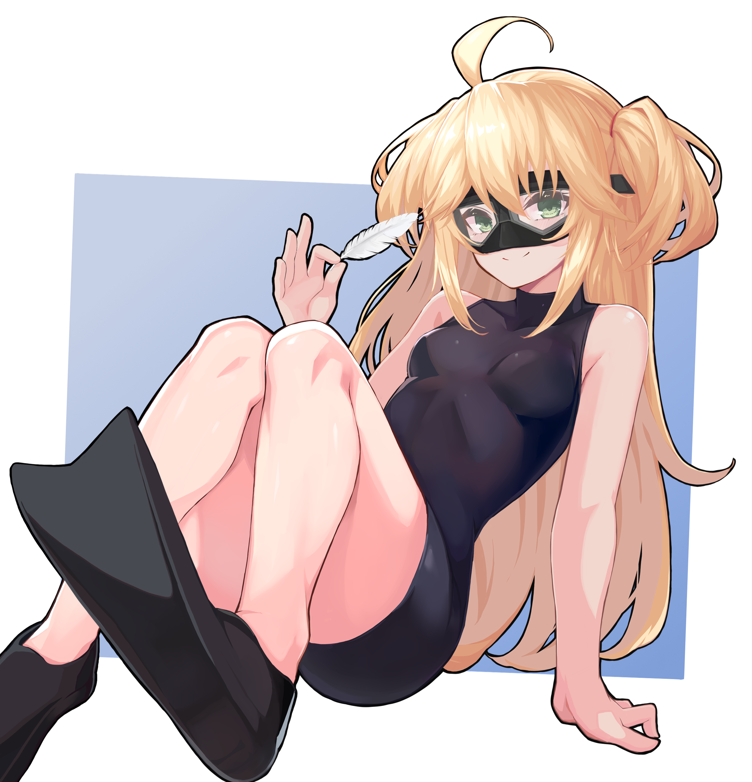 idashige (walkietalkie), admiral hipper (azur lane), azur lane, absurdres, commentary request, highres, ahoge, bare shoulders, black one-piece swimsuit, blonde hair, breasts, feathers, flippers, goggles, green eyes, long hair, looking at another, one-piece swimsuit, sitting, small breasts, smile, swim goggles, swimsuit, twintails, very long hair