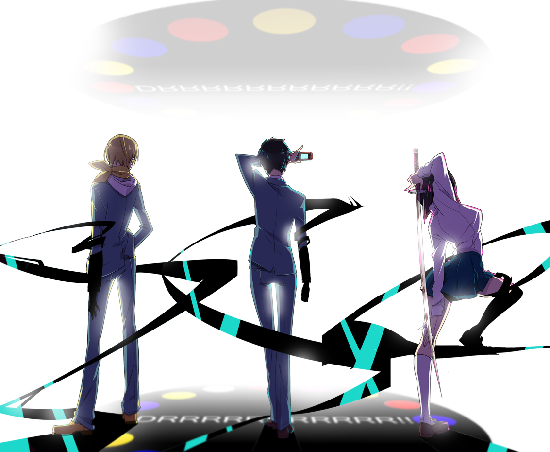 ebi103, shuri (84k), kida masaomi, ryuugamine mikado, sonohara anri, durarara!!, 1girl, 2boys, black hair, blonde hair, bob cut, breasts, cellphone, large breasts, multiple boys, phone, pleated skirt, scarf, school uniform, short hair, skirt, sword, weapon