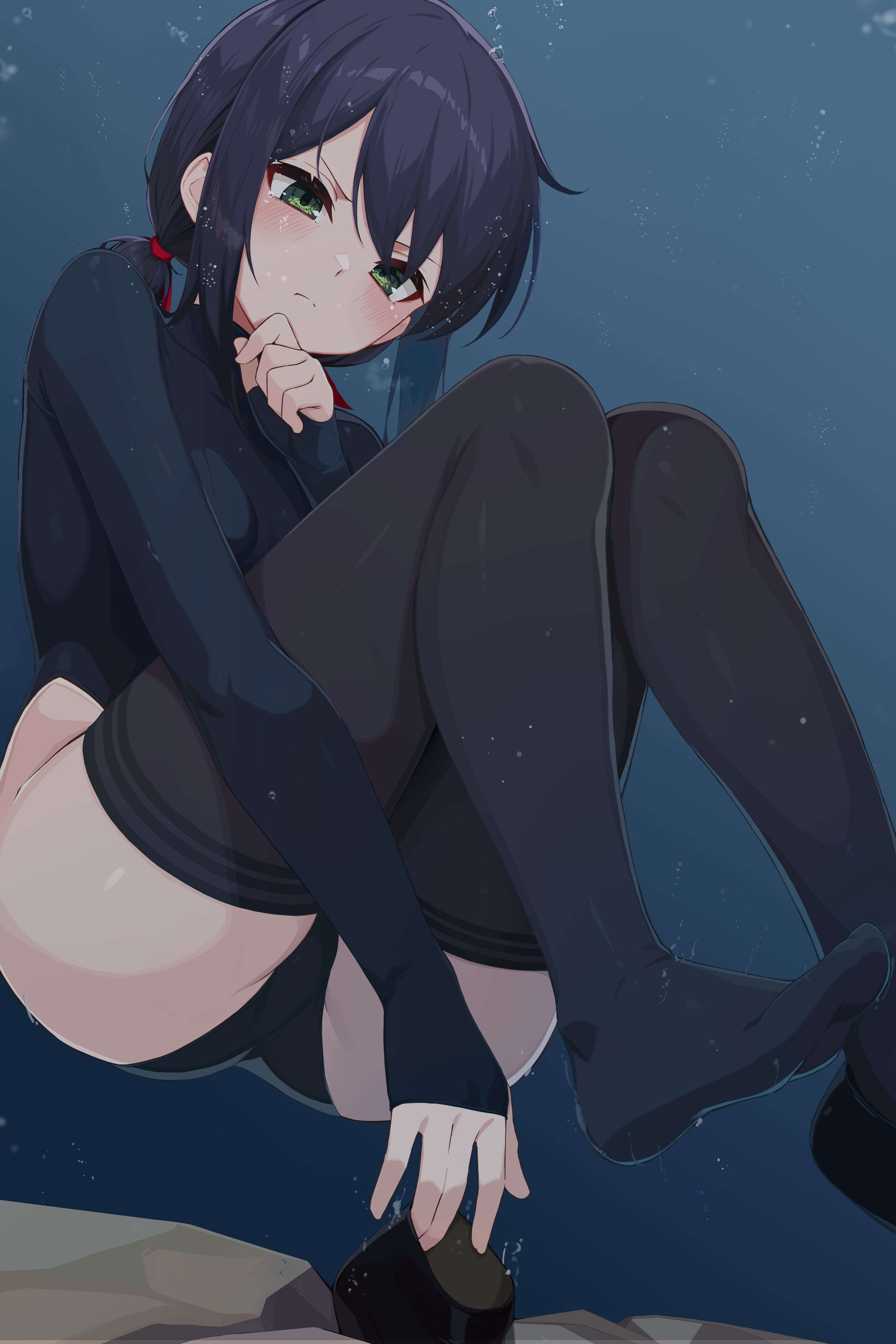 idashige (walkietalkie), original, absurdres, commentary request, highres, 1girl, black hair, black thighhighs, blue one-piece swimsuit, blush, diving, green eyes, legs, long hair, long sleeves, one-piece swimsuit, ponytail, skindentation, swimsuit, thighhighs, thighs, underwater