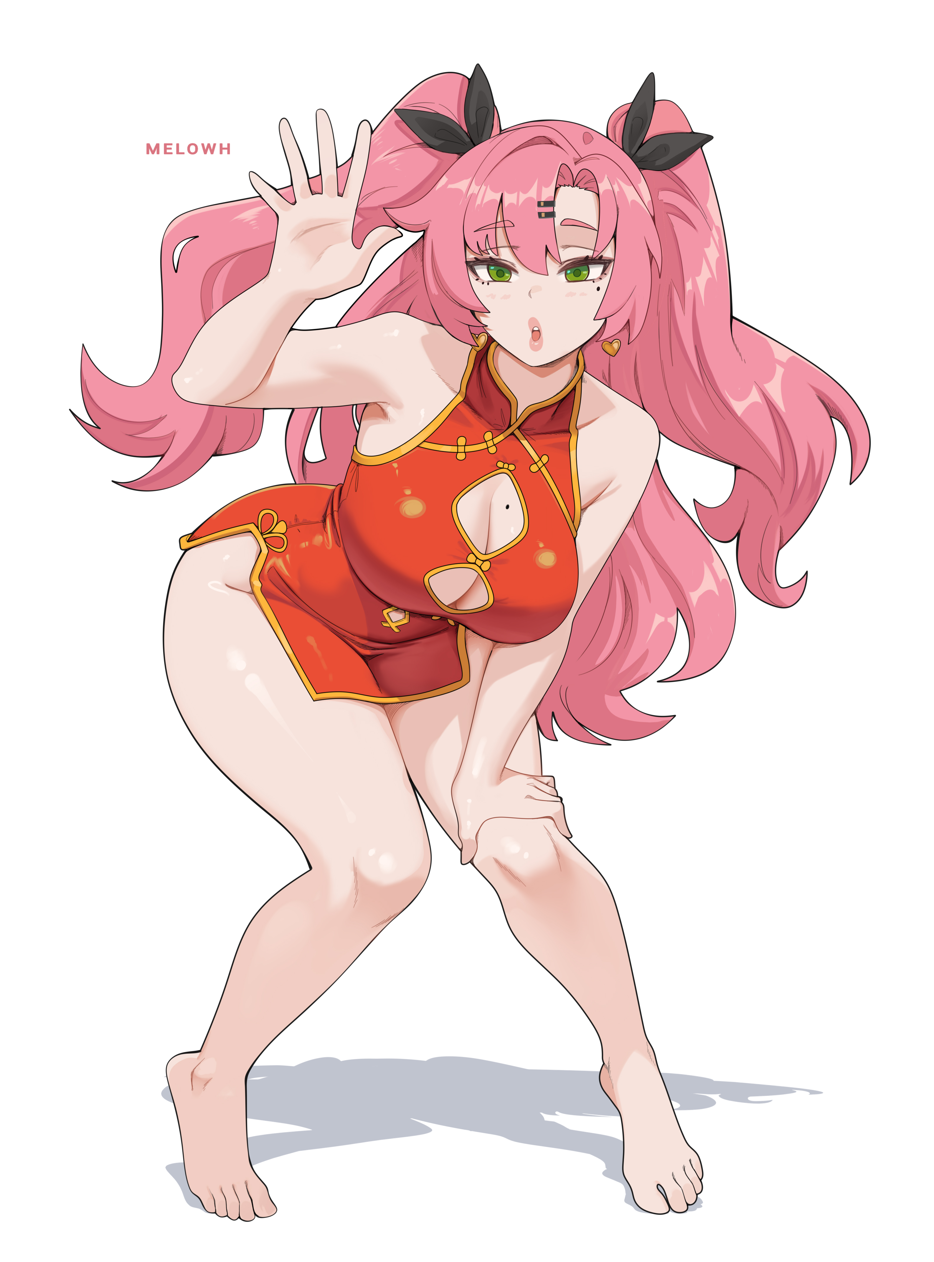 melowh, nicole demara, zenless zone zero, absurdres, commentary, english commentary, highres, 1girl, artist name, bare shoulders, barefoot, black ribbon, breasts, china dress, chinese clothes, clothing cutout, dress, earrings, feet, full body, green eyes, hair ornament, hairclip, hand on own leg, heart, heart earrings, jewelry, large breasts, leaning forward, long hair, looking at viewer, mole, mole on breast, mole under eye, open mouth, pink hair, red dress, ribbon, shadow, simple background, solo, standing, two side up, waving, white background, yellow trim