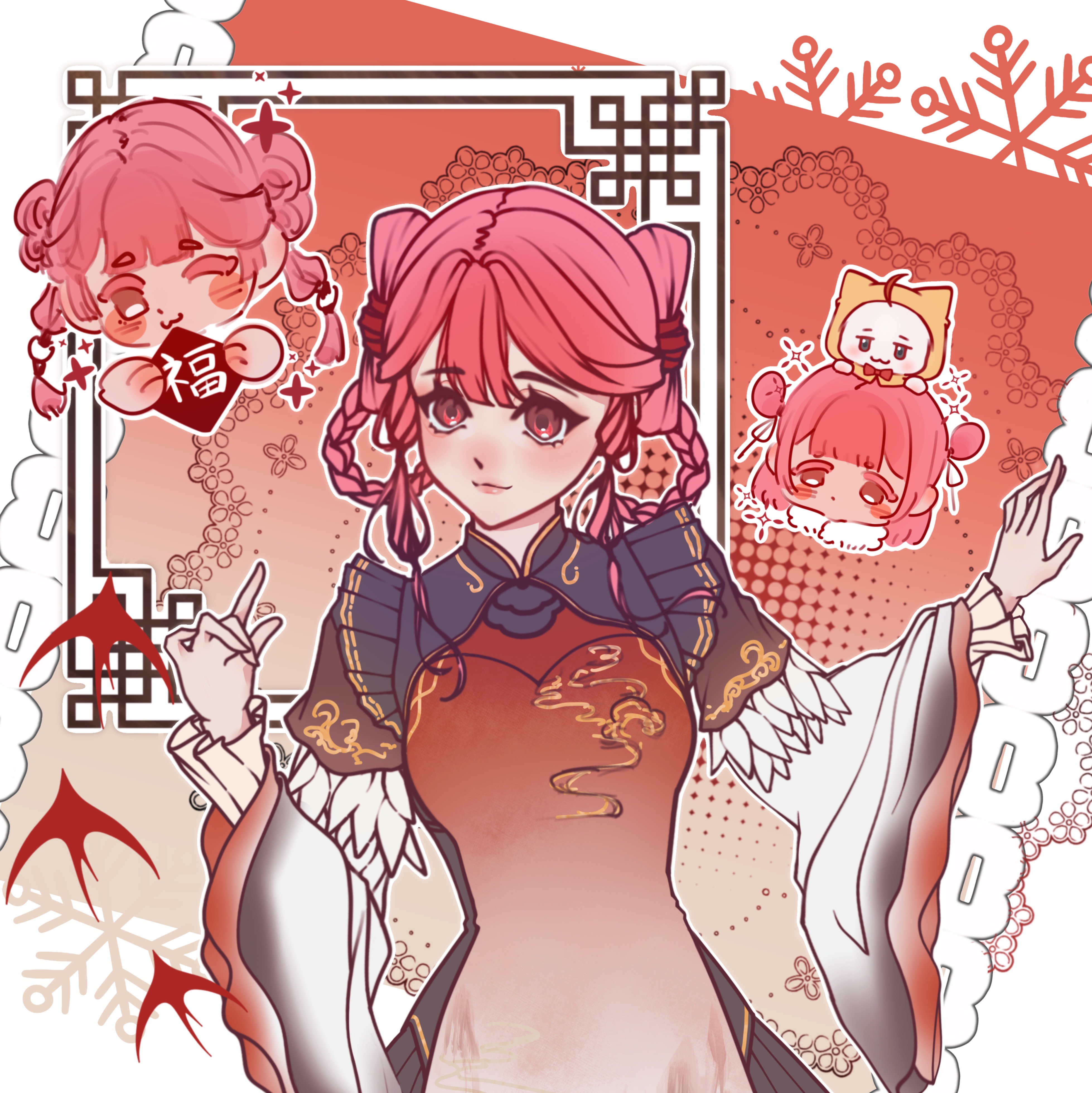 momo (nikki), nikki (nikki), infinity nikki, nikki (series), absurdres, chinese commentary, commentary request, highres, 1girl, animal, animal on head, black sleeves, blunt bangs, border, braid, braided hair rings, cat, cat on head, china dress, chinese clothes, closed mouth, clothed animal, collared dress, cowboy shot, dot nose, double bun, dress, eyelashes, feather-trimmed sleeves, frilled dress, frilled sleeves, frills, fur scarf, hair bun, hair rings, hair tubes, halftone, halftone background, head only, holding, lattice, layered sleeves, light blush, lipstick, long sleeves, makeup, multi-tied hair, multiple views, on head, outline, outside border, pink eyes, pink hair, pink lips, red background, red dress, ribbon-trimmed sleeves, ribbon trim, scarf, shisi jintian zao shuile, short hair with long locks, short over long sleeves, short sleeves, sidelocks, sleeves past wrists, smile, snowflakes, song beyond (infinity nikki), white border, white cat, white outline, white scarf, white sleeves, wide sleeves