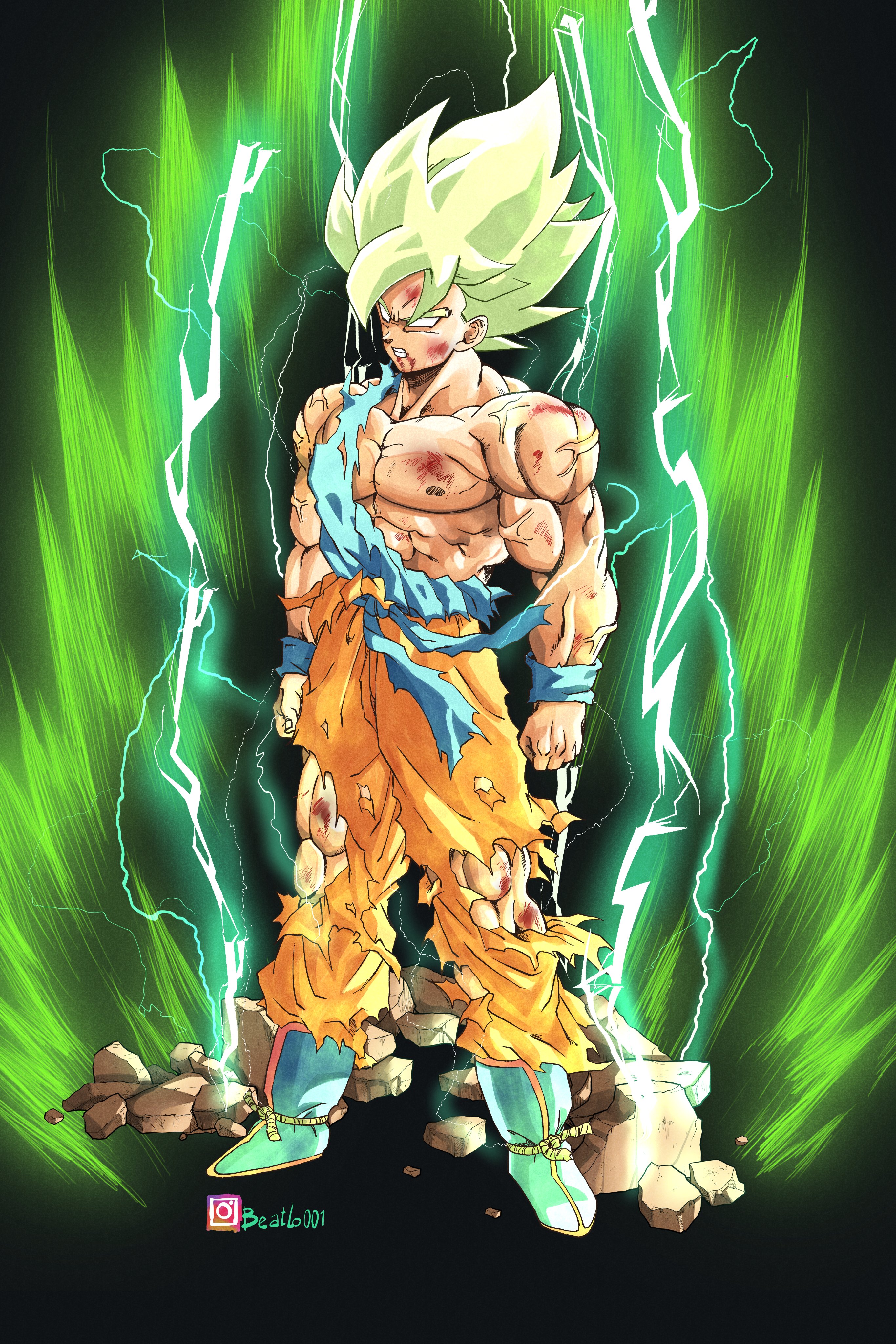 beatlo (rodrigo38658978), son goku, dragon ball, dragonball z, absurdres, commentary, english commentary, highres, 1boy, abs, aura, battle damage, black background, blue boots, blue shirt, boots, electricity, full body, green hair, legendary super saiyan, male focus, muscular, muscular male, no eyes, orange pants, pants, shirt, simple background, solo, super saiyan, torn clothes, torn pants, torn shirt