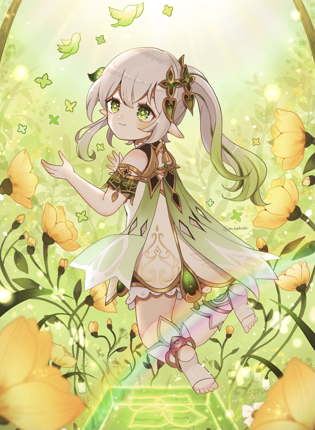 minahoshi37, nahida (genshin impact), genshin impact, commentary request, highres, 1girl, bare shoulders, bloomers, cape, closed mouth, cross-shaped pupils, day, detached sleeves, dress, floating, flower, from behind, full body, gold trim, gradient hair, grass, green cape, green eyes, green hair, green sleeves, hair between eyes, hair ornament, hands up, leaf hair ornament, light smile, long hair, multicolored hair, outdoors, pointy ears, side ponytail, sleeveless, sleeveless dress, solo, stirrup legwear, symbol-shaped pupils, toeless legwear, toes, twitter username, underwear, white bloomers, white dress, white hair, yellow flower