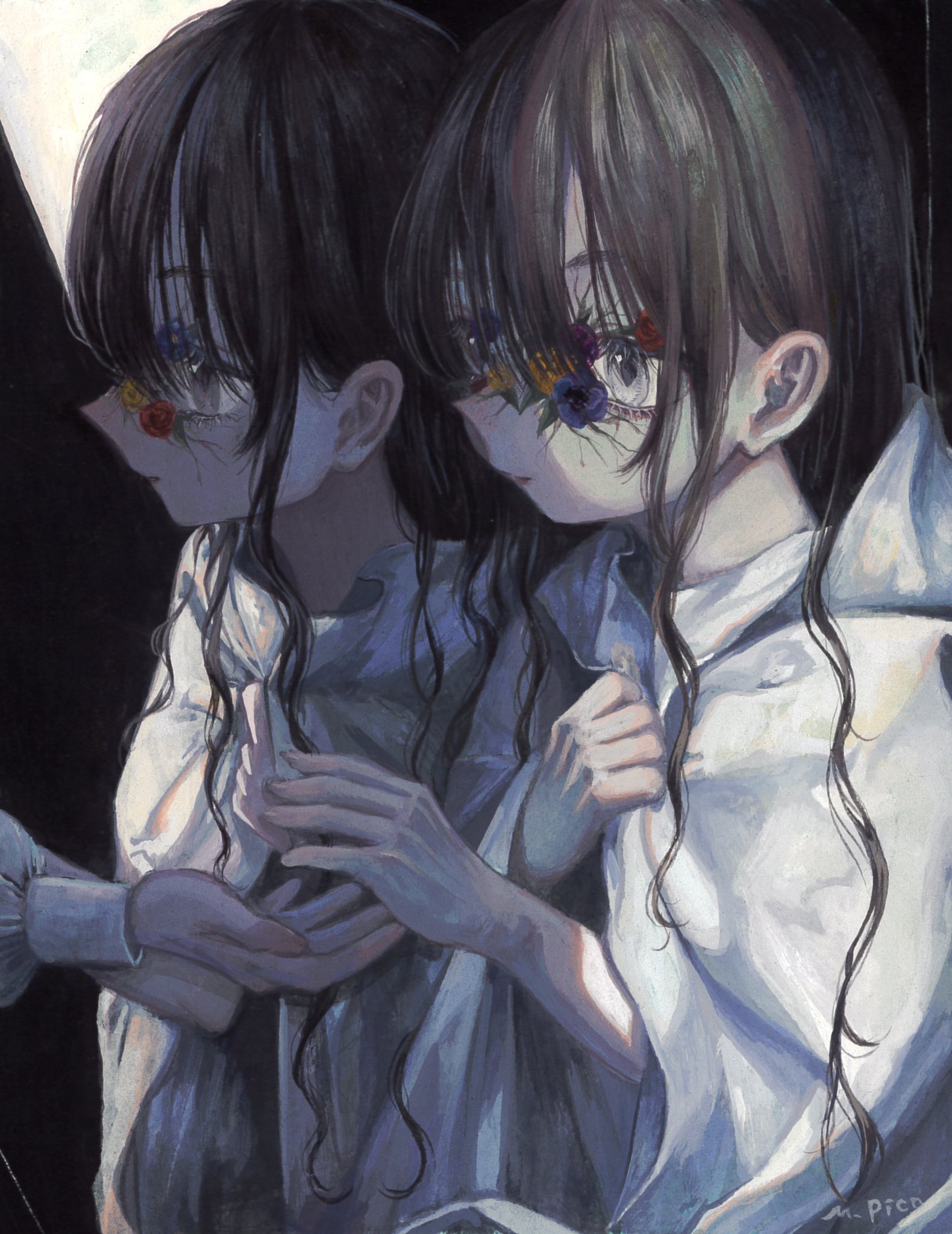 monou pico, original, commentary request, highres, 1girl, 1other, brown hair, cloak, expressionless, eyelashes, flower, grey eyes, growing out of body, long hair, offering hand, reflection, upper body, white cloak