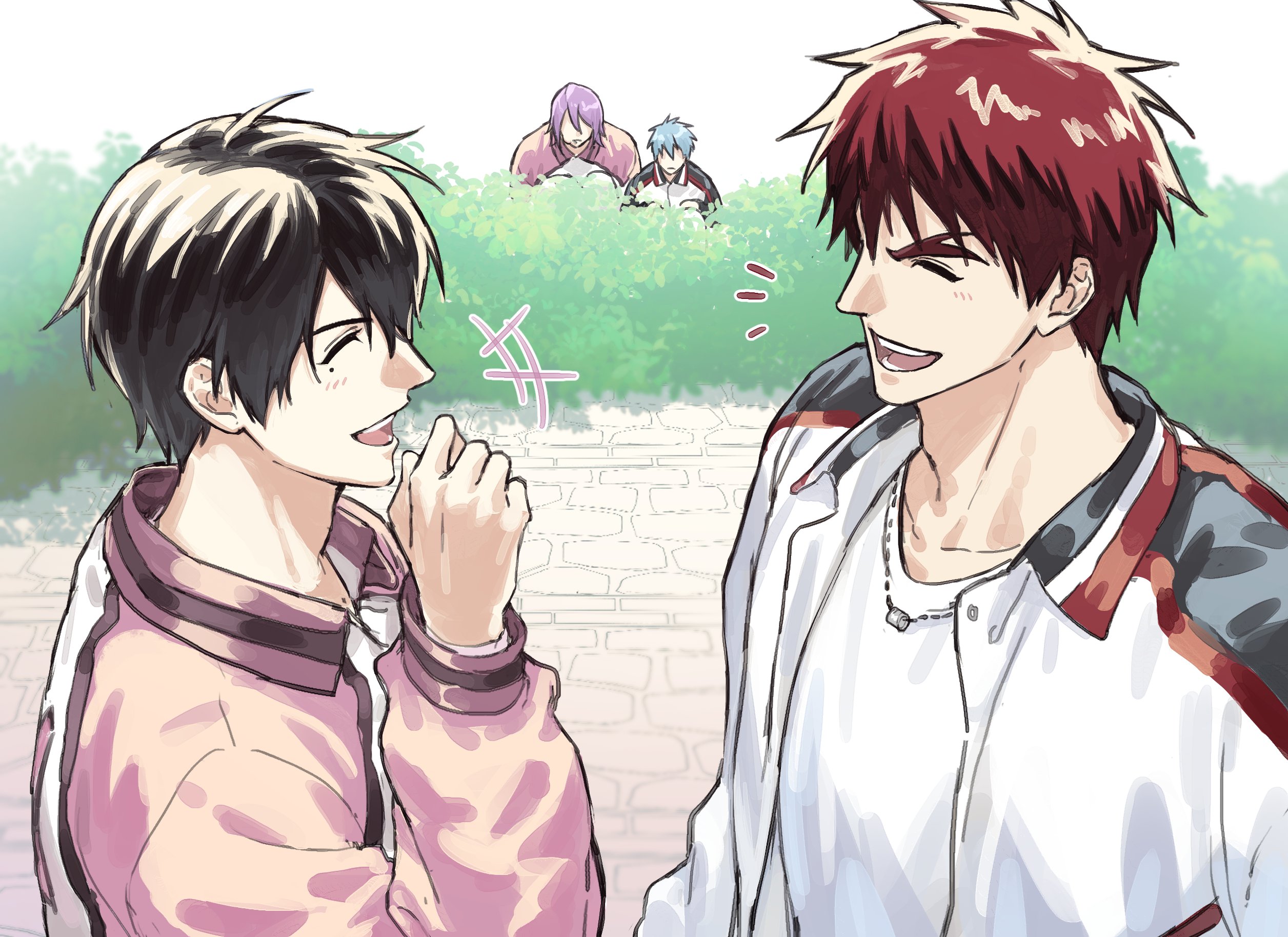 tmcks 912, himuro tatsuya, kagami taiga, kuroko tetsuya, murasakibara atsushi, kuroko no basuke, commentary request, highres, korean commentary, 4boys, adam's apple, black hair, blush, bush, closed eyes, facing another, jacket, jewelry, male focus, mole, mole under eye, multiple boys, necklace, open mouth, red hair, shirt, short hair, talking, white shirt