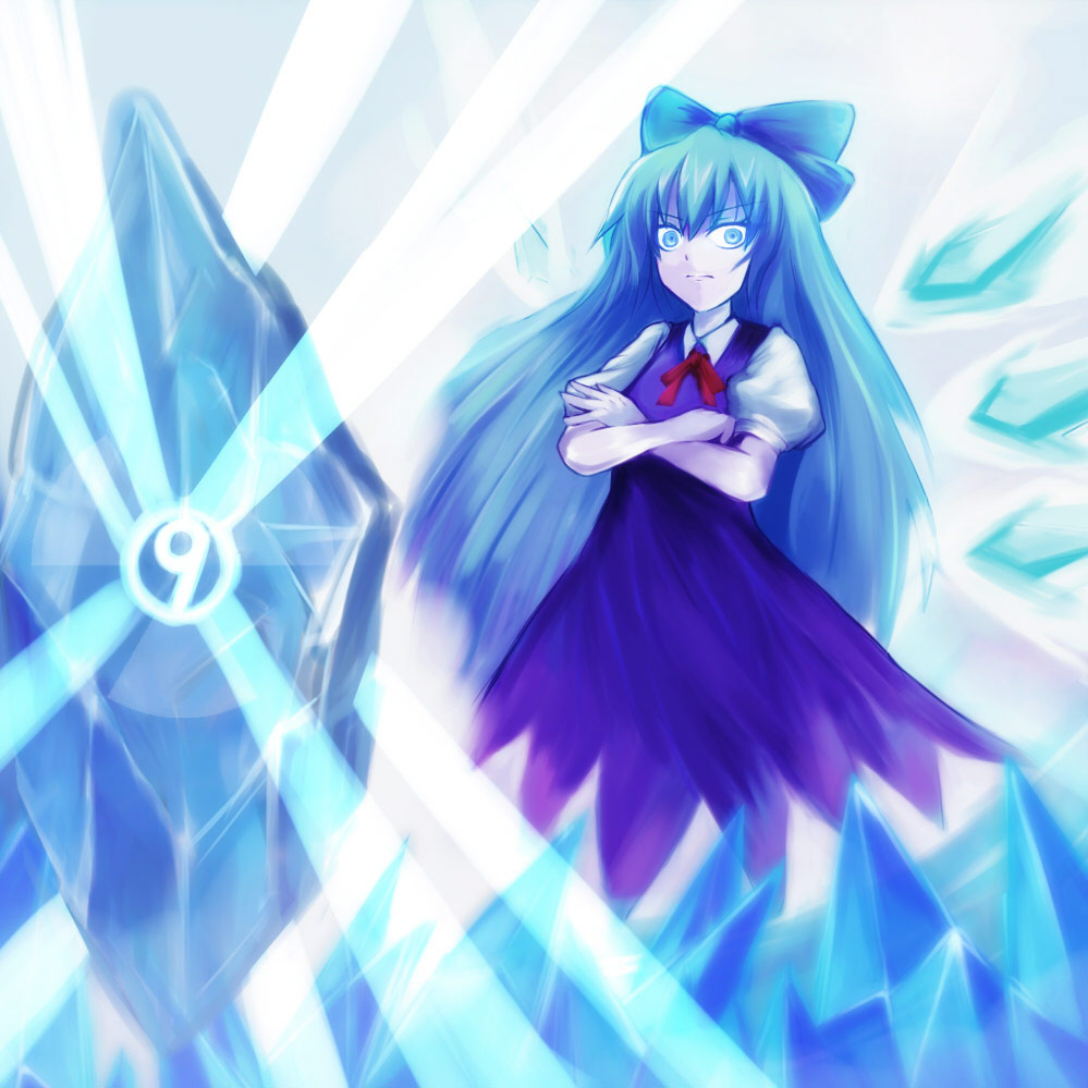 greave (asterism), cirno, phantasmagoria of flower view, touhou, metadata reference, aged up, alternate hairstyle, blue eyes, blue hair, blue theme, circled 9, crossed arms, ice, ribbon, solo